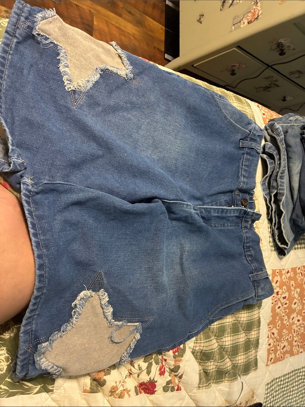 High-Rise Blue Denim Shorts with Star Patch Detail